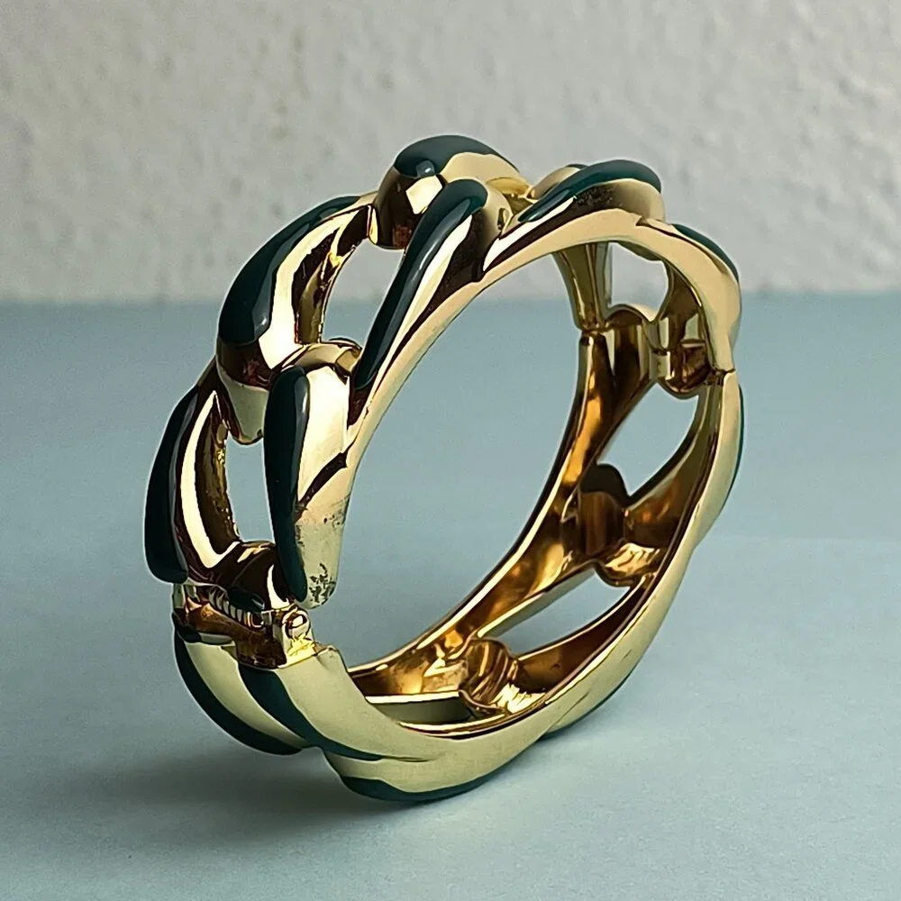 Statement Glam Chain Link Glaze Hinged Bangle Bracelet Oval Emeral Green Gold…